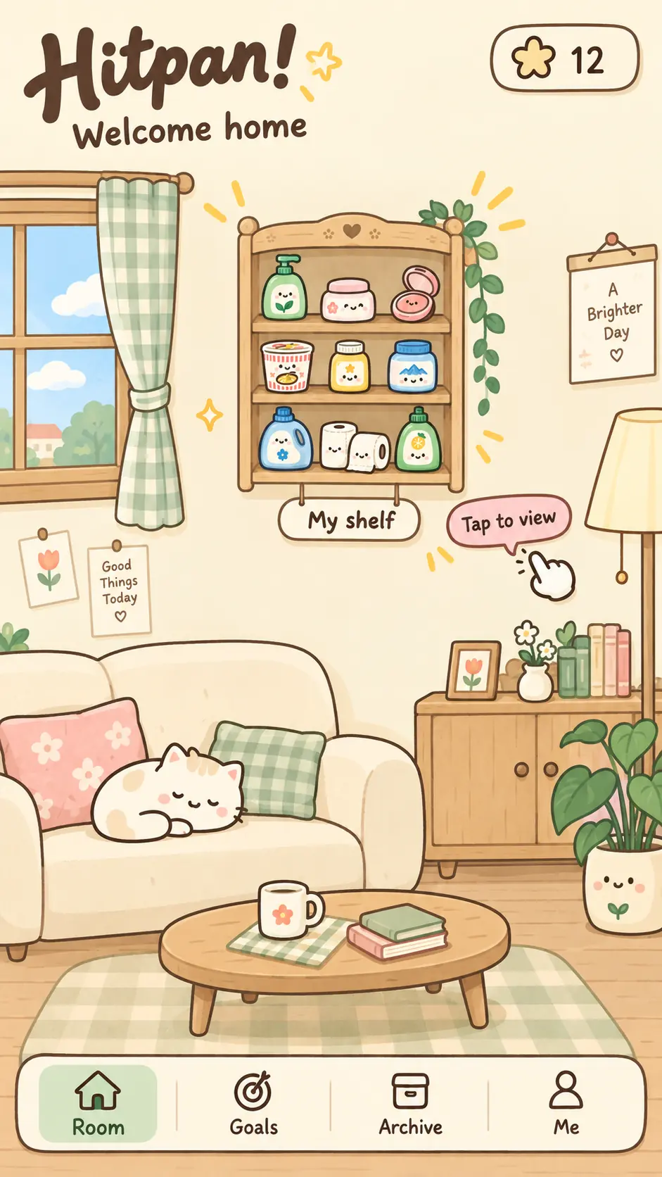 Hitpan concept art: a cozy living room with a shelf of everyday items and a sleeping cat