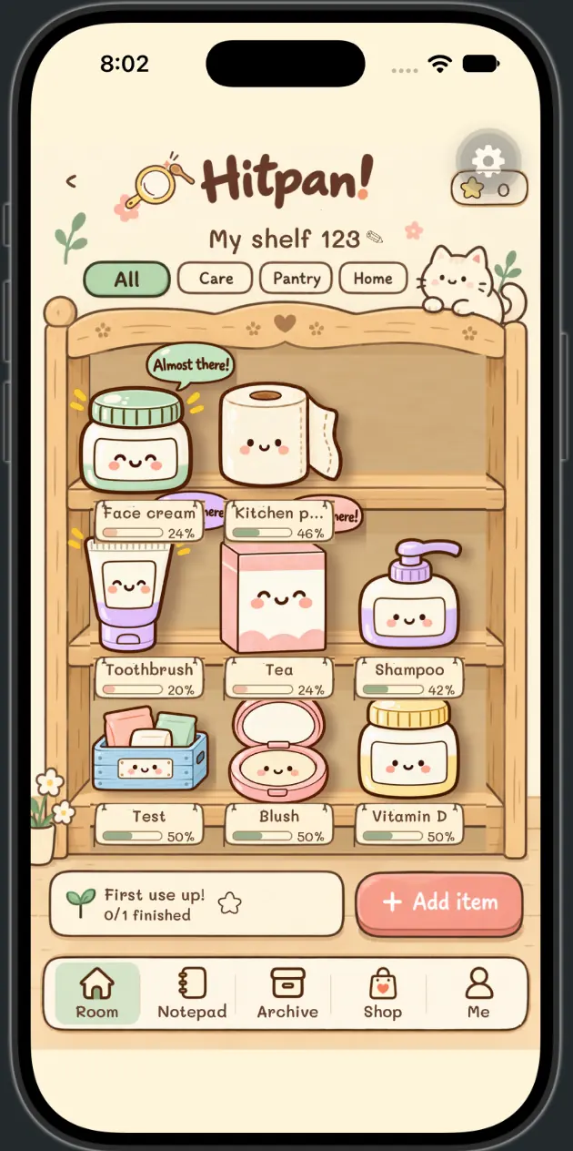 Hitpan shelf screen with illustrated products, progress labels, and an Add item button